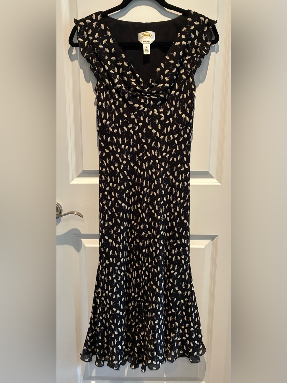 Pure Silk Talbots Black Maxi Dress with Cream, Lilac Print